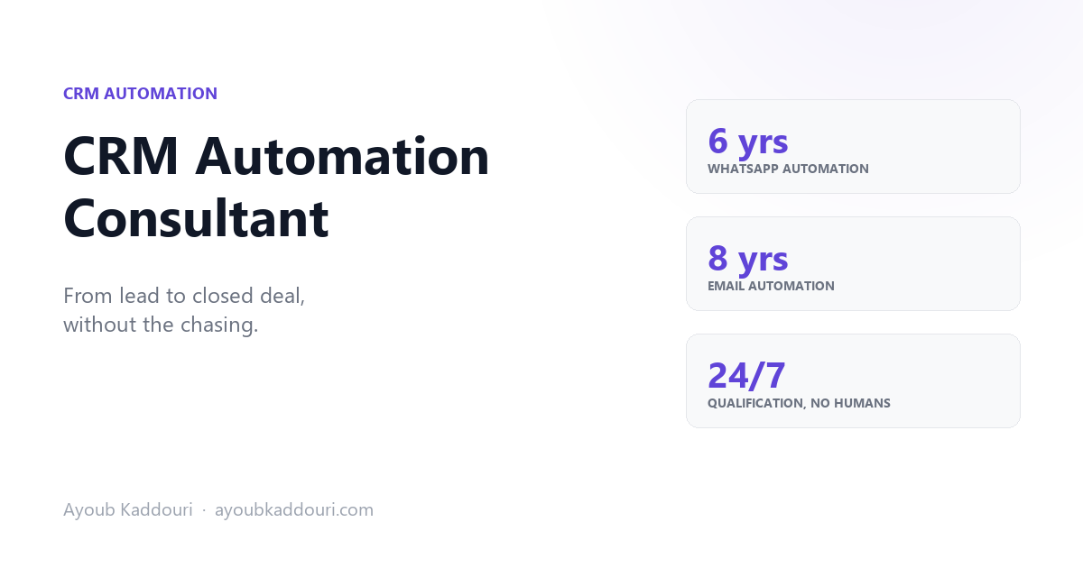 CRM automation consultant Ayoub Kaddouri: lead scoring, nurture, sales hand-off, WhatsApp flows