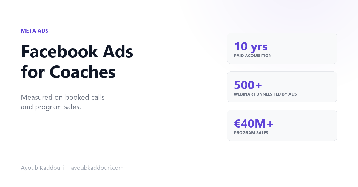 Facebook Ads for coaches by Ayoub Kaddouri: measured on booked calls and program sales