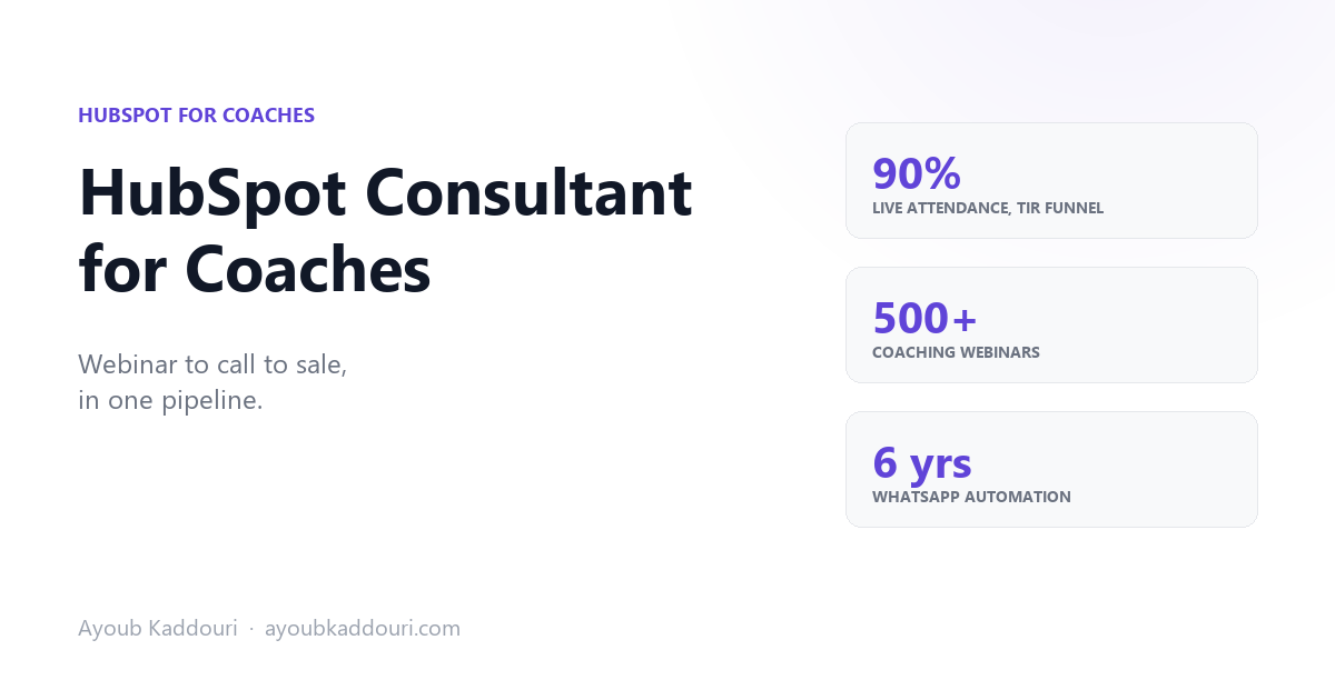 HubSpot consultant for coaches Ayoub Kaddouri: pipeline, scoring, agent matching, WhatsApp