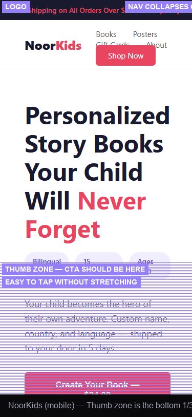 Mobile landing page view showing thumb zone where CTA button should be placed for optimal conversion