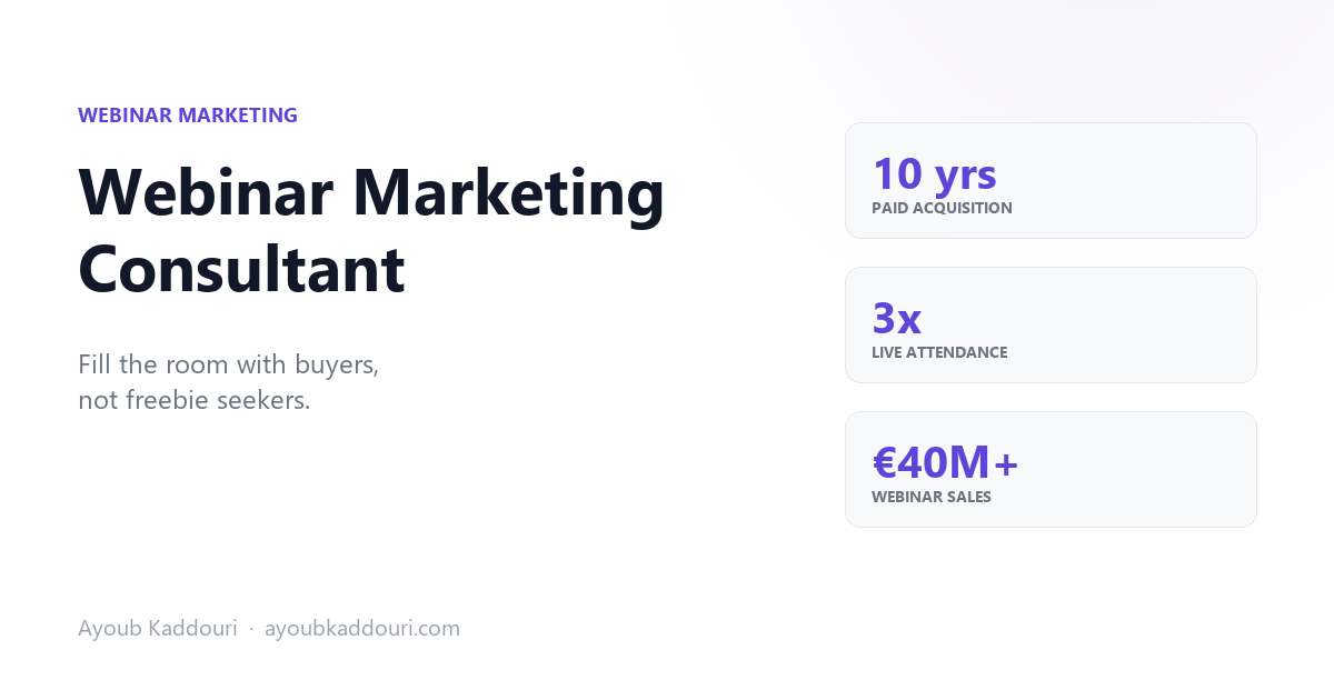 Webinar marketing consultant Ayoub Kaddouri: 10 years paid ads, 3x live attendance, €40M+ webinar sales